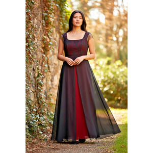 Michelangelo Dress 14W Black Red Formal Chiffon Layered Vamp 90s Whimsigoth Vtg